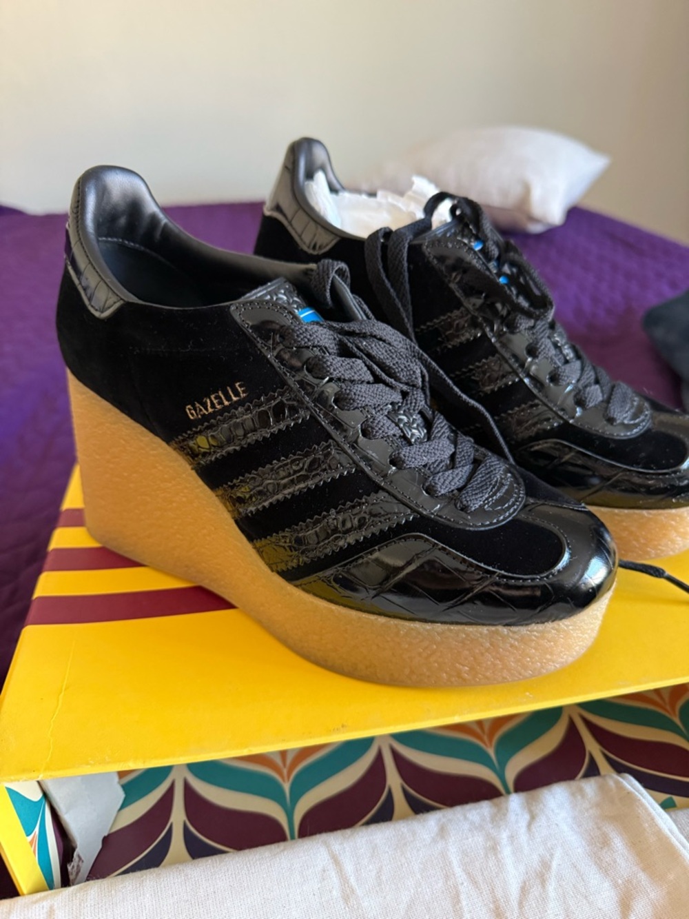 Gucci adidas Gazelle Black Patent Wedge Platform Sneakers with Gum Sole - Picture 2 of 8